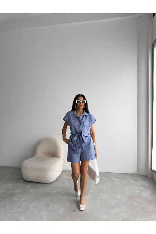 KETEN BAĞLAMALI KOLSUZ GÖMLEK - DUBLE PAÇA ŞORT TAKIM - Lacivert