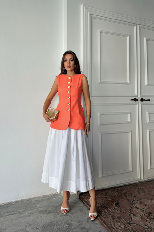 JAKAR KETEN YELEK BELDEN OTURTMALI GOLD DÜĞMELİ - Orange