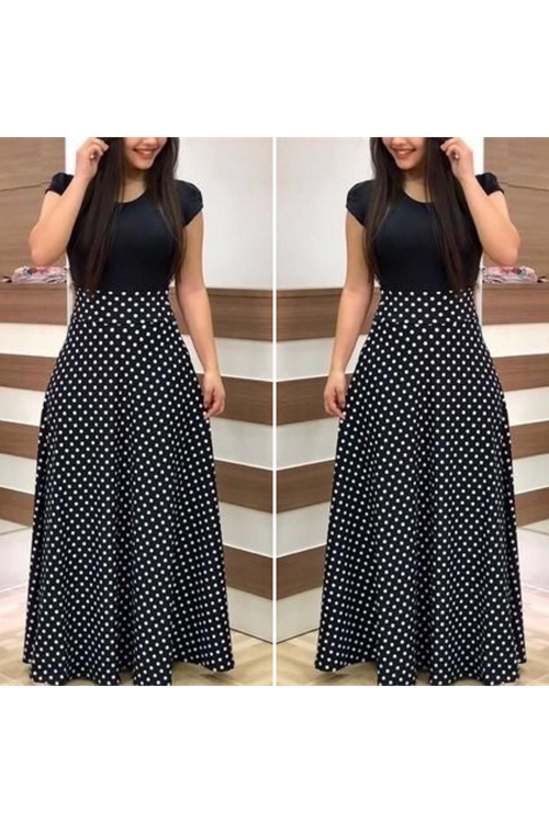 Kadın Kısa Kollu Puan Desen Tam Boy Krep Elbise