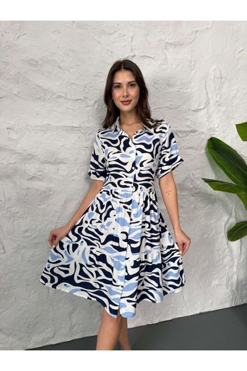 Baskılı Keten Elbise - Lacivert