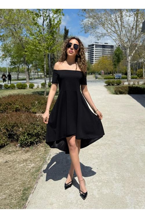 Kadın Kısa Kollu Madonna Yaka önü Kısa Arkası Uzun Ithal Krep Elbise