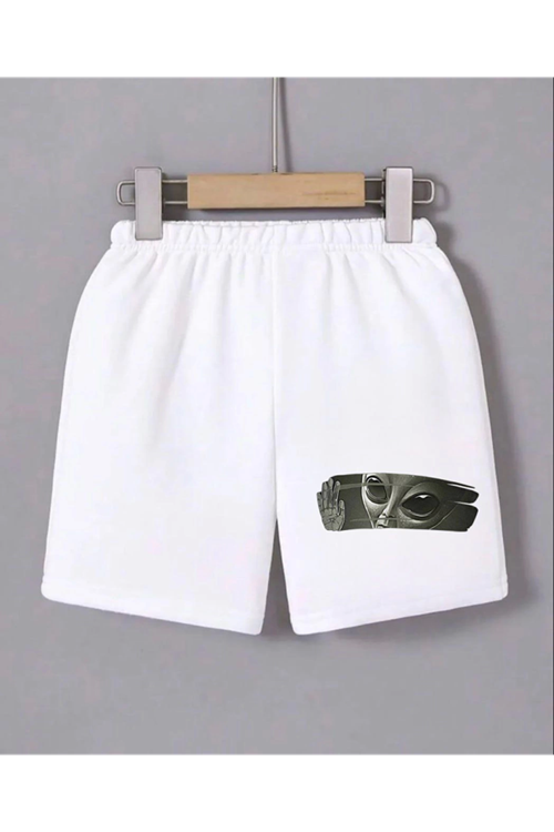 Beli Lastikli Baskılı Mini Şort - Beyaz