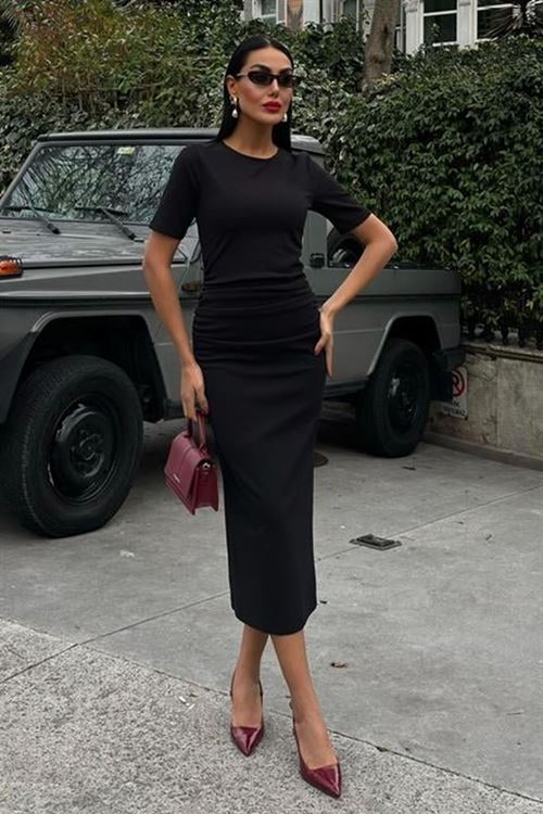 Beli Büzgülü Midi Elbise 2853