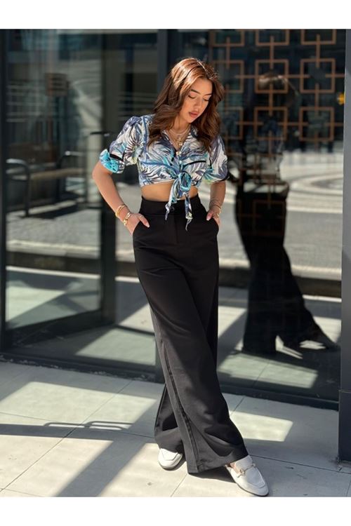 Kadın Yüksek Bel Geniş Paça Detaylı Cepli Ithal Krep Pantolon