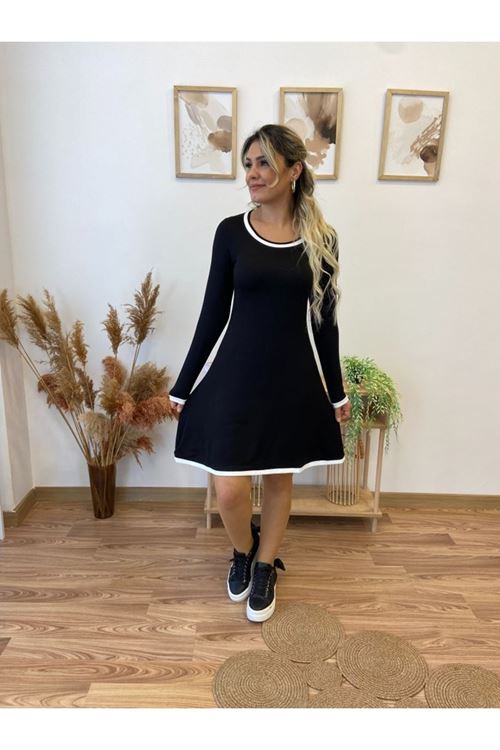 Kadın Uzun Kollu Derin Yuvarlak Yakalı Kısa Viskon Iki Iplik Elbise