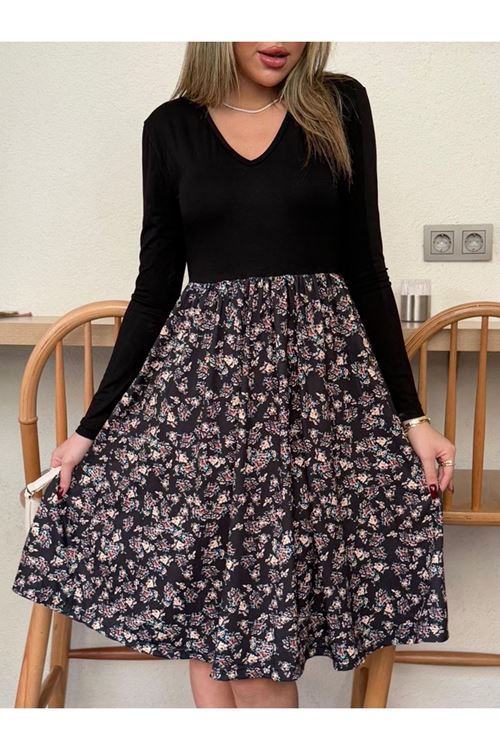 Kadın Uzun Kollu V Yakalı üst Viskon Alt çiçek Desenli Süprem Kısa Elbise