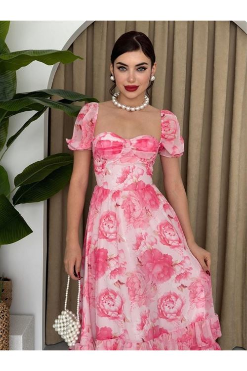 ŞİFON KUMAŞ DİJİTAL DESEN BASKILI ELBİSE