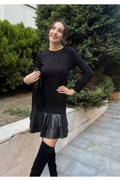 Kadın Uzun Kollu Bisiklet Yaka üst Viskon Etek Ucu Deri Kısa Elbise