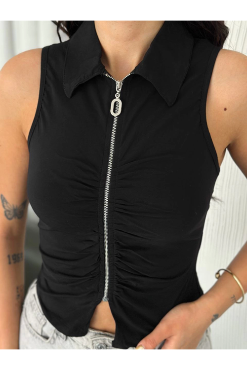 Yakalı Tam Fermuarlı Kolsuz Bluz - Siyah