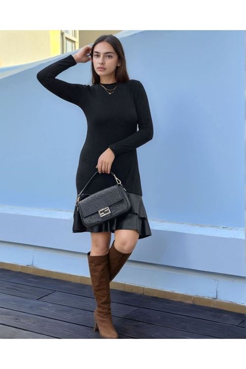 Kadın Uzun Kollu Bisiklet Yaka üst Viskon Etek Ucu Deri Kısa Elbise