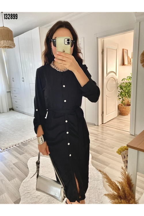 Kadın Uzun Kollu önden Düğmeli Beli Kuşaklı Aerobin Midi Elbise