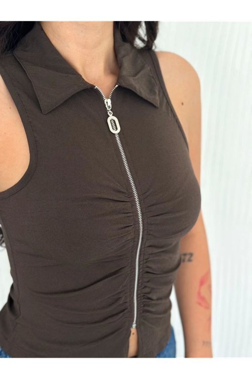 Yakalı Tam Fermuarlı Kolsuz Bluz - Kahverengi