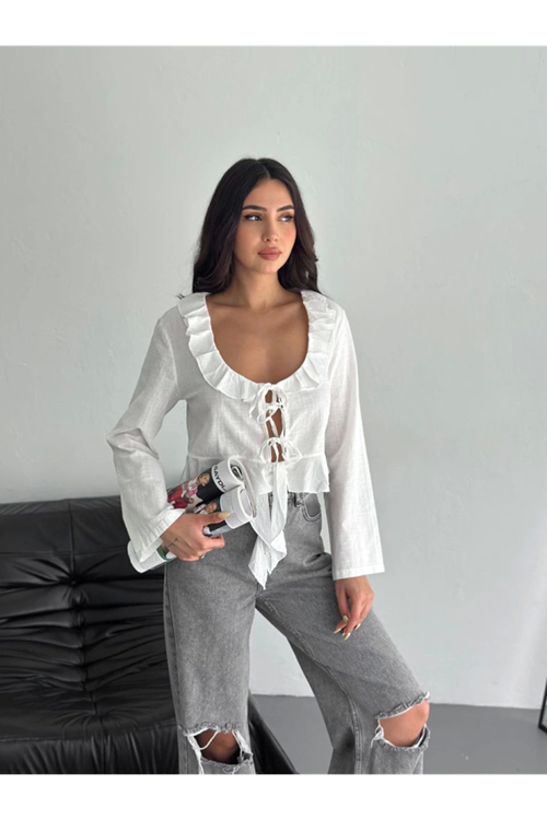 Keten Uzun Kol Bağacık Detaylı Bluz - Beyaz