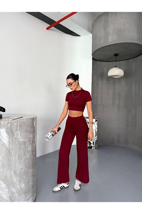 Osy Modal Yumuşak Dokulu Kumaş Kısa Kollu Crop Alt Ispanyol Paça Pantalon Ikili Takım - Bordo