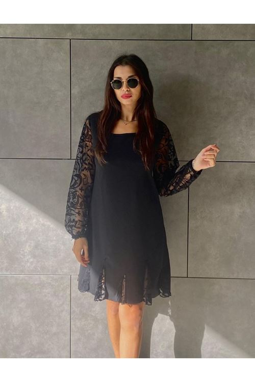 Kadın Uzun Kollu Yuvarlak Yaka Kol Ve Etek Ucu Dantelli Kısa Ithal Krep Elbise