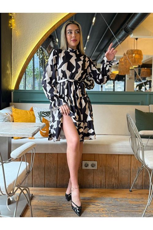 Kadın Uzun Kollu Yarı Balıkçı Yaka Geometrik Desen Kısa şardonlu Dalgıç Elbise