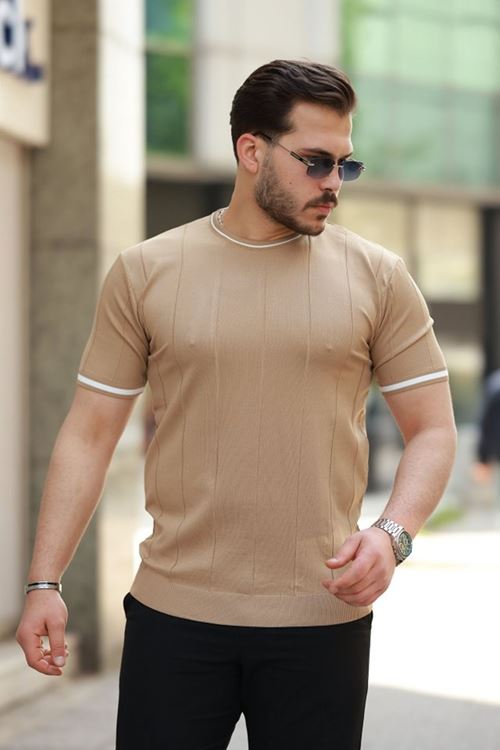 Erkek Bisiklet Yaka çizgi Desenli Ribanalı Kısa Kollu Tshirt