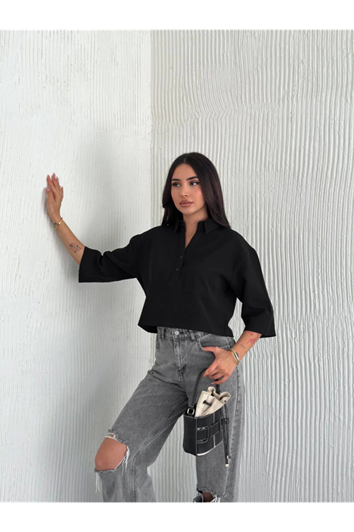 Crop Yakalı Gömlek Üç Çeyrek Sleeve Kol - Siyah