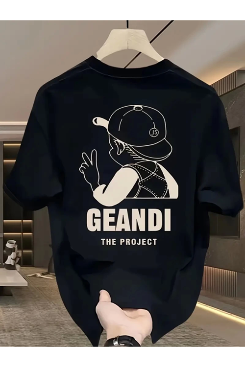 Geniş Kesim Pamuklu Tişört - GANDHI The Project Baskılı, Siyah, Rahat Kesim, Kısa Kollu, Günlük Kıyafet, Her Gün Giyilebilecek Tişört- Siyah