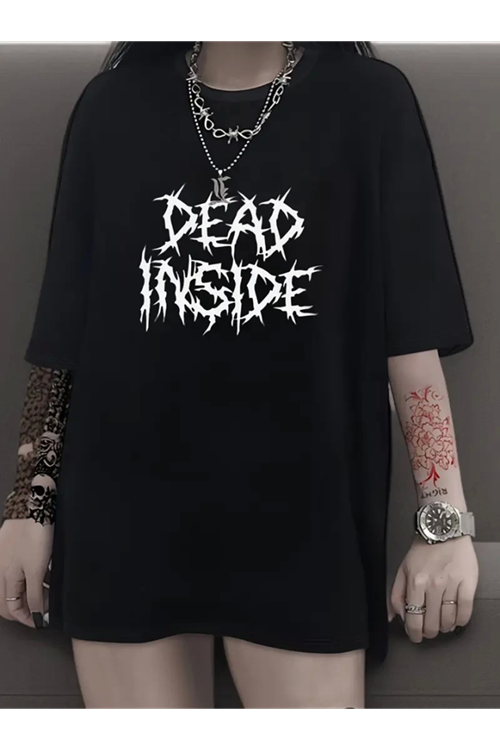 Baskılı Oversize Bisiklet Yaka T-shirt - Siyah