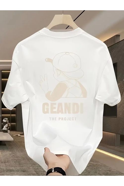Geniş Kesim Pamuklu Tişört - GANDHI The Project Baskılı, Beyaz, Rahat Kesim, Kısa Kollu, Günlük Kıyafet, Her Gün Giyilebilecek Tişört- Beyaz