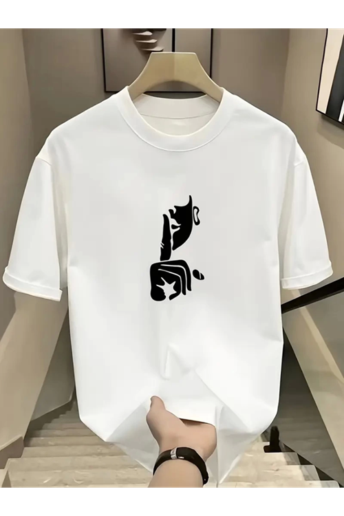 Rahat Bisiklet Yaka Tişört, Yaratıcı Karikatür Baskı - Yumuşak Polyester, Her Mevsim Giyilebilir- Beyaz