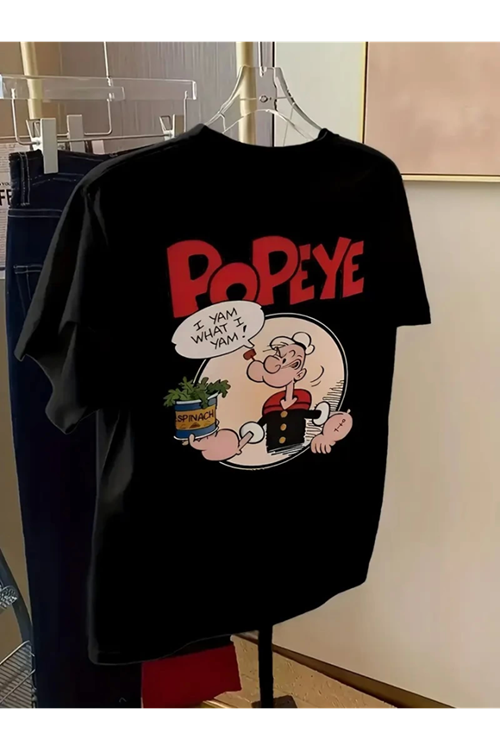 Baskılı Oversize Bisiklet Yaka T-shirt - Siyah