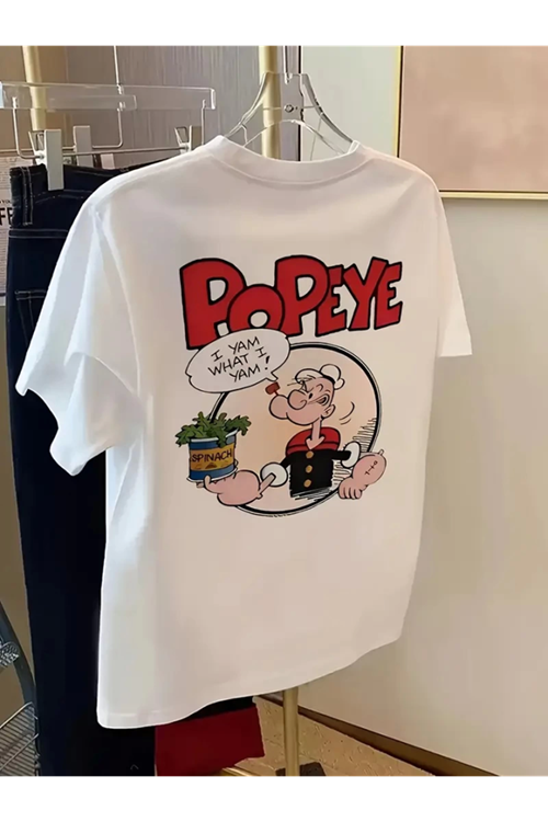 Baskılı Oversize Bisiklet Yaka T-shirt - Beyaz