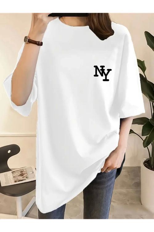 Baskılı Oversize Bisiklet Yaka T-shirt - Beyaz