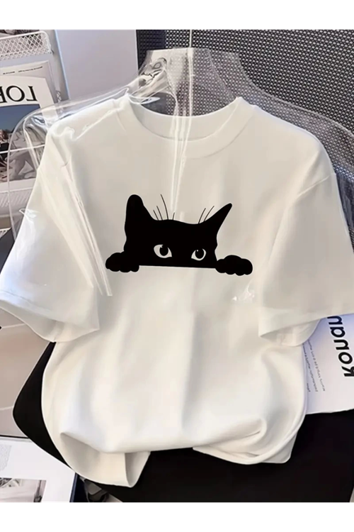 Baskılı Oversize Bisiklet Yaka T-shirt - Beyaz