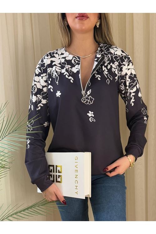 Kadın Uzun Kollu önden Fermuarlı çiçek Desenli şardonlu Dalgıç Bluz