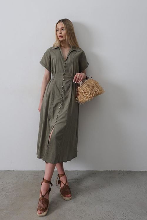 Önü Düğmeli Kısa Kol Elbise - Haki