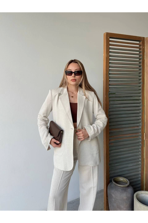 Keten Ceket Pantolon Ikili Takım - Beyaz