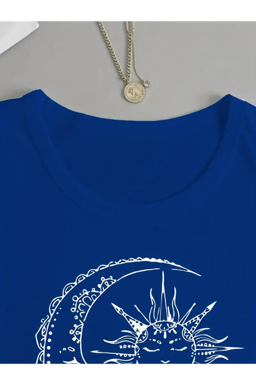 Kadın Uzun Kollu Bisiklet Yaka Ay Baskılı Viskon Bluz