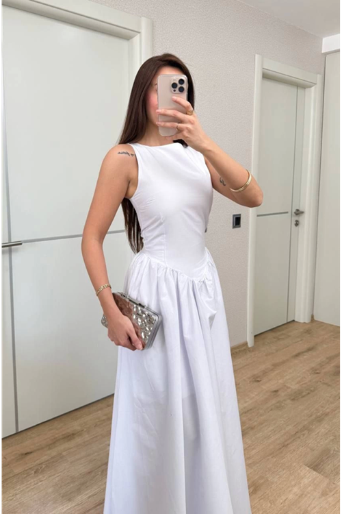 Sifir Kol Beli Oturtmalı Kolsuz Uzun Elbise - Beyaz