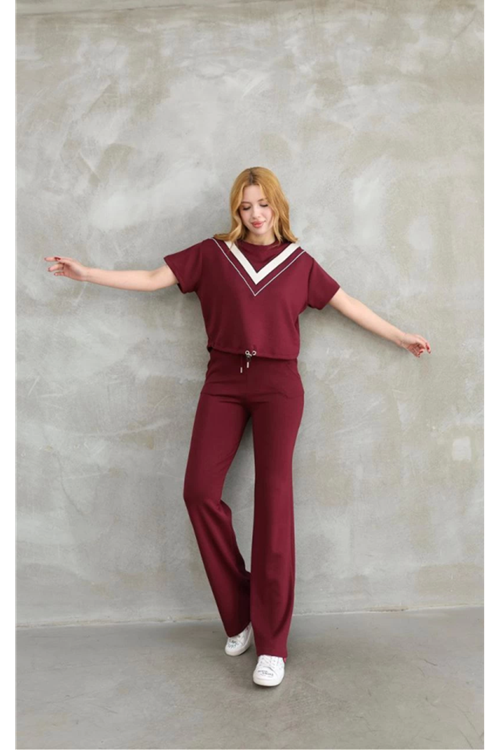 Osy Modal Yumuşak Dokulu Kumaş Bisiklet Yaka Parçalı Detaylı Kısa Kollu Takım - Bordo