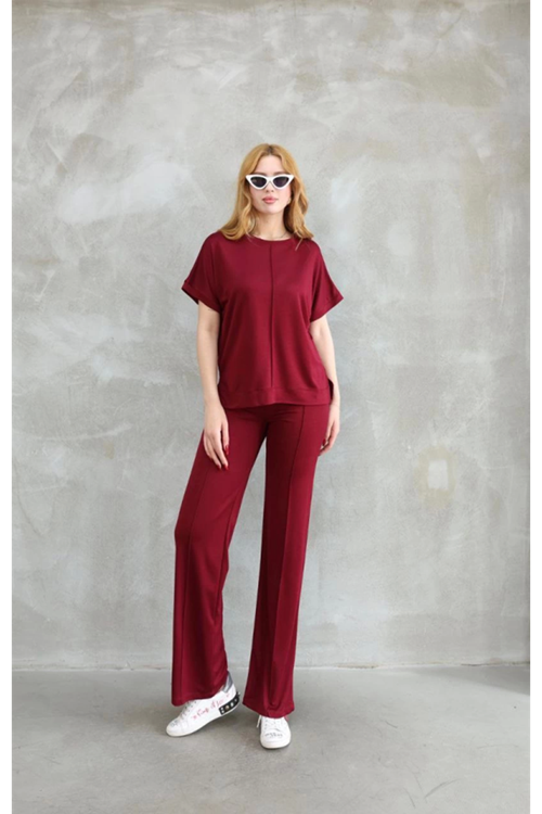 Osy Modal Yumuşak Dokulu Kumaş Bisiklet Yaka Kısa Kollu Takım - Bordo