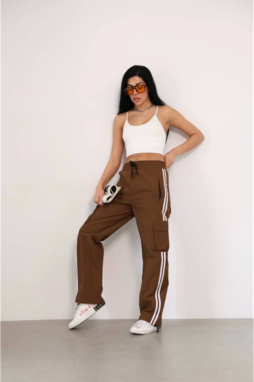 Praşut Kumaş Kargo Çeplı Baggy Esofman - Kahve