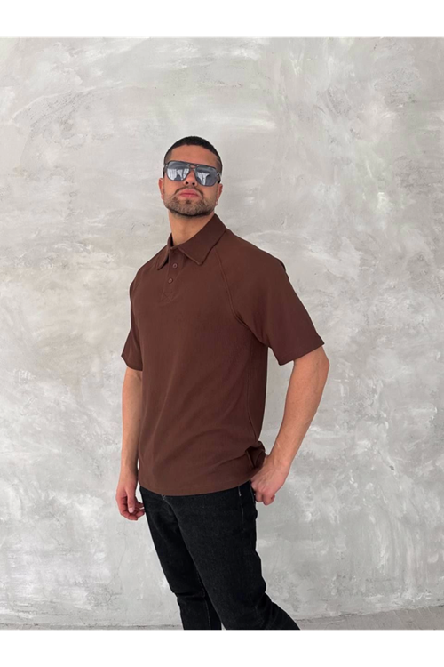 Yakalı Patlı Kısa Kol T-shirt - Kahverengi