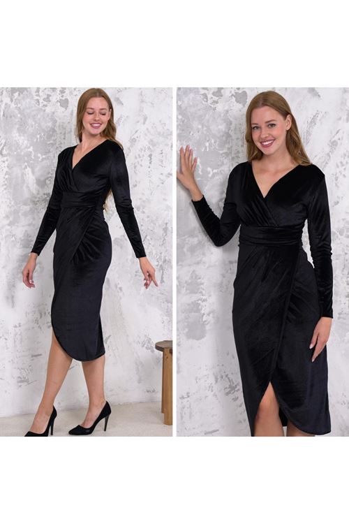 Kadın Kadife Kumaş V Yaka Uzun Kollu Midi Boy Elbise