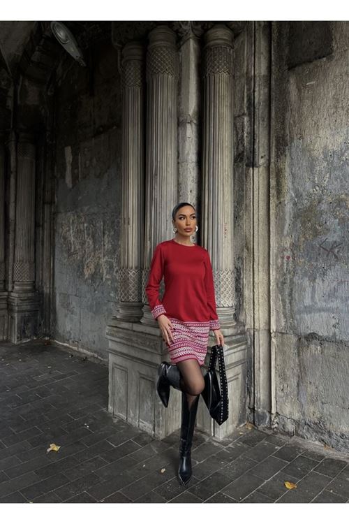 Kadın Uzun Kollu Bisiklet Yaka Kol Ağzı Ve Etek Ucu Baskılı Iki Iplik Elbise