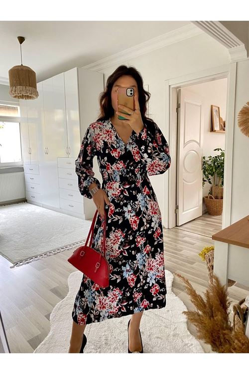 Kadın Uzun Kollu Kruvaze Yaka Beli Lastikli Yandan Yırtmaçlı Desenli Dalgıç Elbise