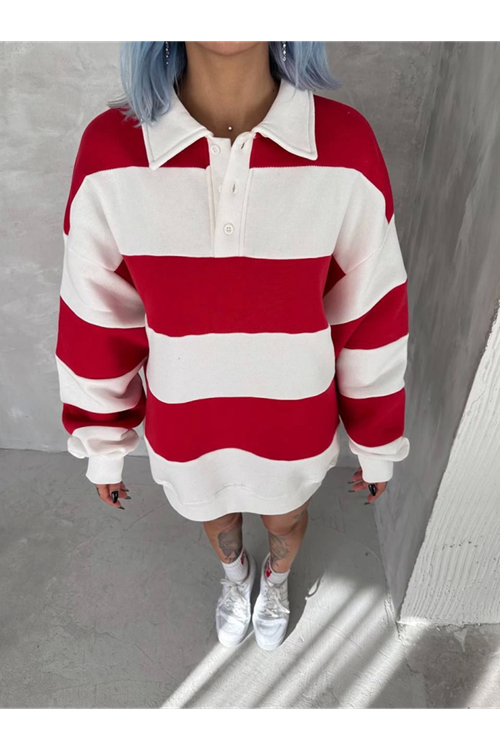 Unisex Üç İplik Parçalı Yakalı SweatShirt - Kırmızı