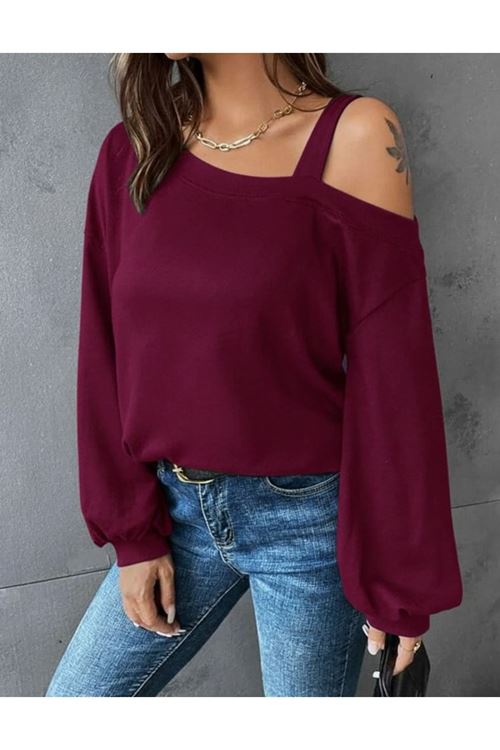 Kadın Uzun Kollu Tek Omuz Askı Detay Salaş Dalgıç Bluz