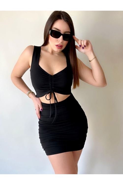 Kadın Omuz Askılı Armut Yaka Büzgü Ve Göbek Dekolteli Mini Elbise