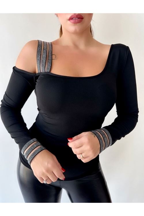 Kadın Omuz Dekolteli Taşlı şerit Detay Bluz