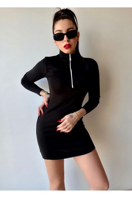Kadın Balıkçı Yaka Fermuar Detay Mini Elbise