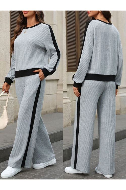 Kadın Uzun Kollu Bisiklet Yaka şardonlu Kaşkorse Bluz Ve Pantolon Ikili Takım