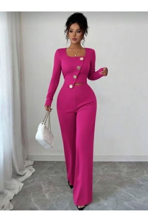 Kadın Uzun Kol Kare Yaka Asimetrik Düğme Detay Bluz Ve Yüksek Bel Pantolon Ikili Takım