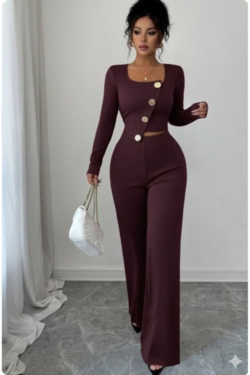 Kadın Uzun Kol Kare Yaka Asimetrik Düğme Detay Bluz Ve Yüksek Bel Pantolon Ikili Takım